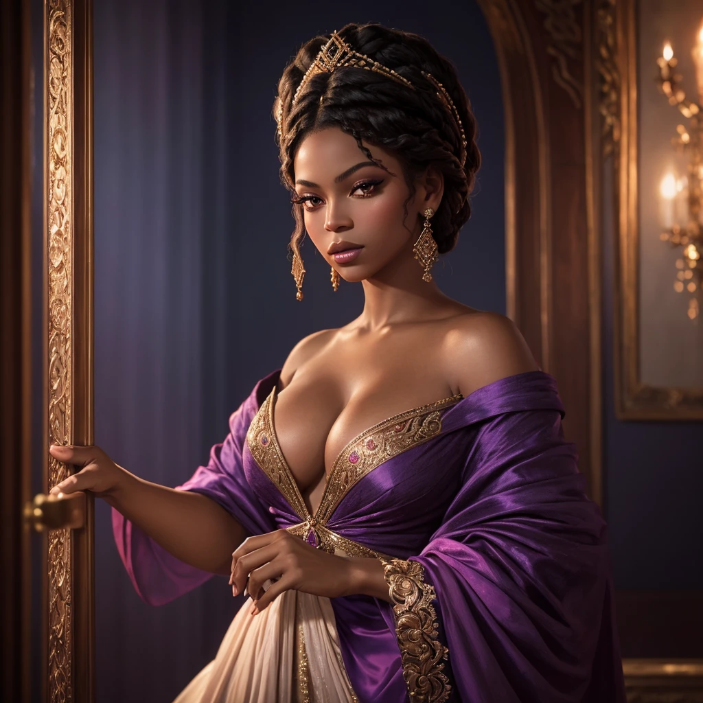 An 1800s theme cinematic photo of an enchanting and alluring African American woman, resembling Beyonce, who exquisitely beautiful, in high-contrast, warm-toned digital photography, capturing the subtle dance of light on her porcelain skin. Her delicate features are rendered in lifelike precision, from the whisper-thin eyelashes to the full, rosy lips, against a backdrop of soft, gradient blues and purples, evoking a mystical, dreamlike atmosphere. Vibrant crimson accents adorn her luxurious, flowing attire, imbuing the scene with a sense of opulence and mystique, as her piercing emerald gaze beckons the viewer into her intimate, mystical realm.