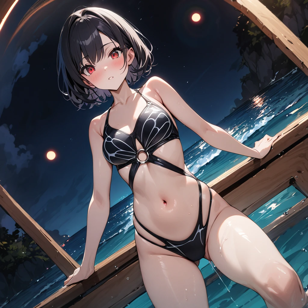 Top quality, masterpiece, woman, short bob black hair, red eyes, black hole trompe l'oeil design swimsuit, night sea