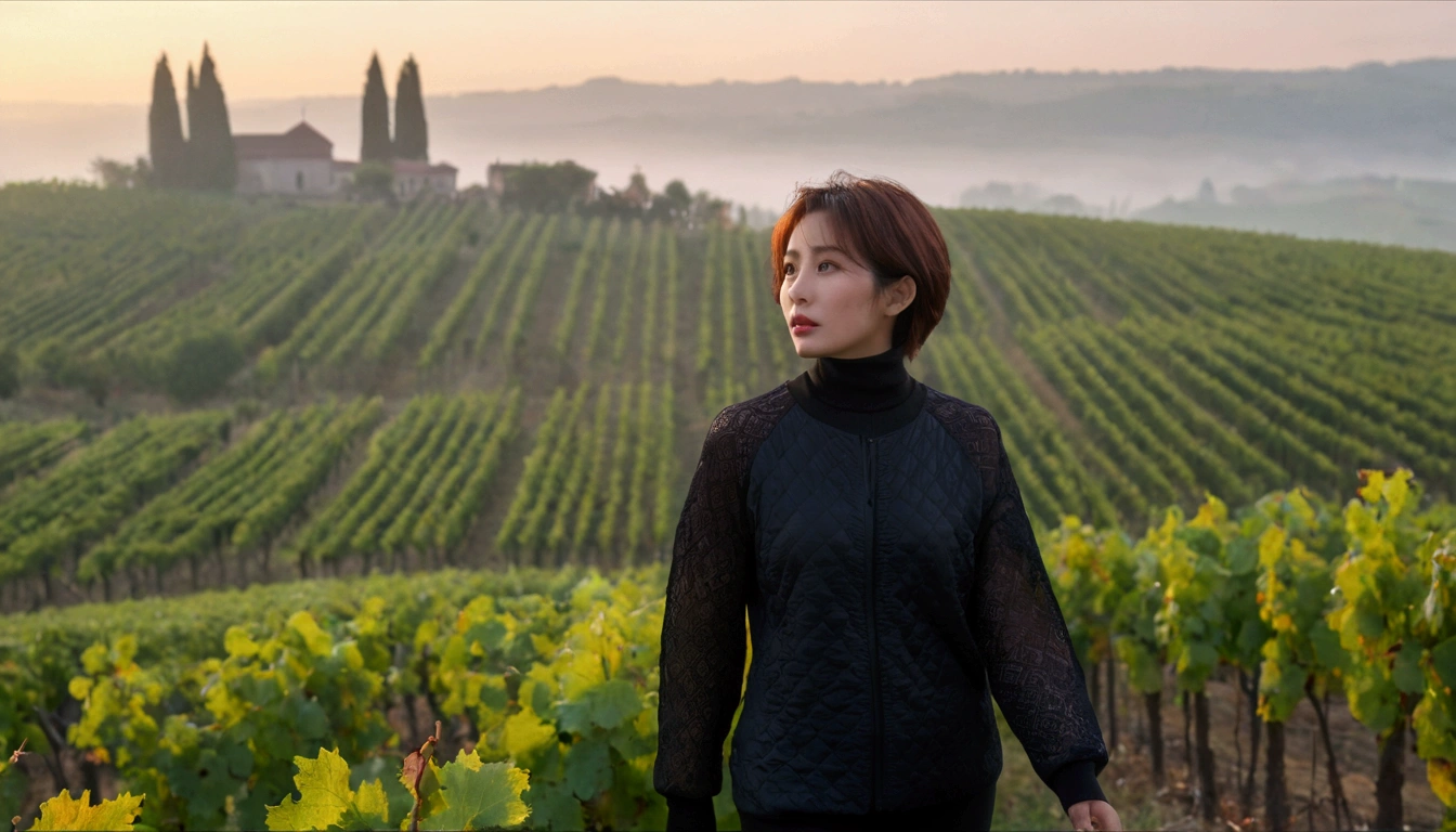 beautiful scenery, 8K Top Quality, 1 woman, Beautiful 36-year-old Korean woman, Chest size 34 inches, italian countryside dawn, Passing through the vineyards, the cathedral can be seen in the distance in the thick fog.. Red light, The background is realistic and vivid quality.., short medium bob hair, sheer turtleneck , windbreaker jacket, Perfect and realistic photos, The background is realistic.. Full body shot with Canon camera 16-35 wide angle lens, expressionless, Looking down on the vineyards from the vineyard hill in thick fog,, Walking towards the front camera