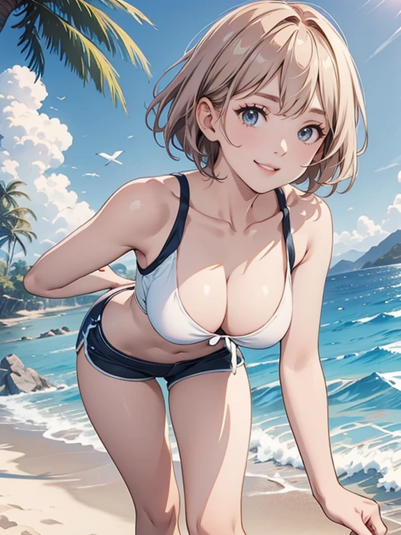 (Highest quality、masterpiece、High resolution、8K)、Vibrant colors、Young and beautiful woman 1、whole body、Brown and black short bob、barefoot、(Detailed face、Beautiful Eyes、Beautiful nose、Pretty lips)、Ample breasts、Beautiful cleavage、Tight white tank top and shorts、Running on the beach、A refreshing smile、looking at the camera、Digital Art、The background is the sea、blue sky、White waves and wide sandy beach、Palm tree、White Entrance Cloud、(Depth of written boundary:1.5)、Professional Lighting、