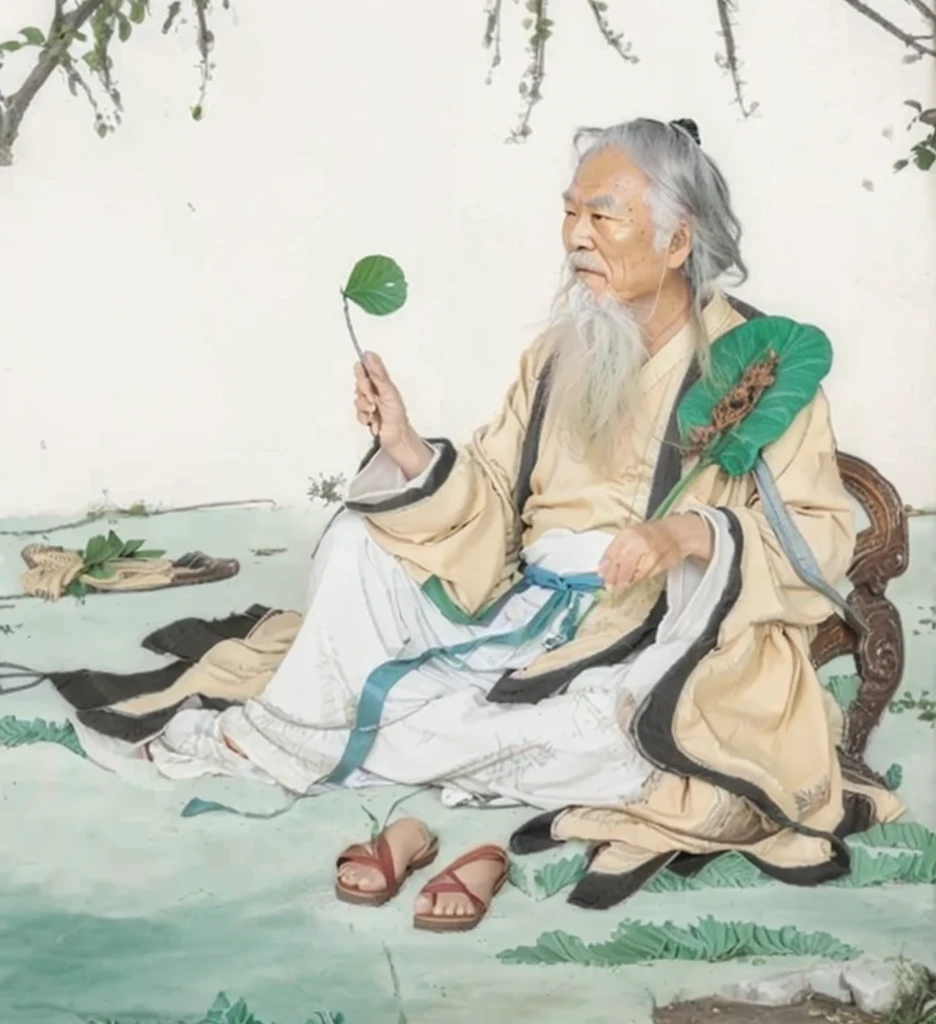 an old chinese man sitting on a grass field, daoist, taoist master, wearing ancient chinese clothes, Lotus pen in hand, a fan made of green leaf, empoty slipper on the floor, grey riding hoot,