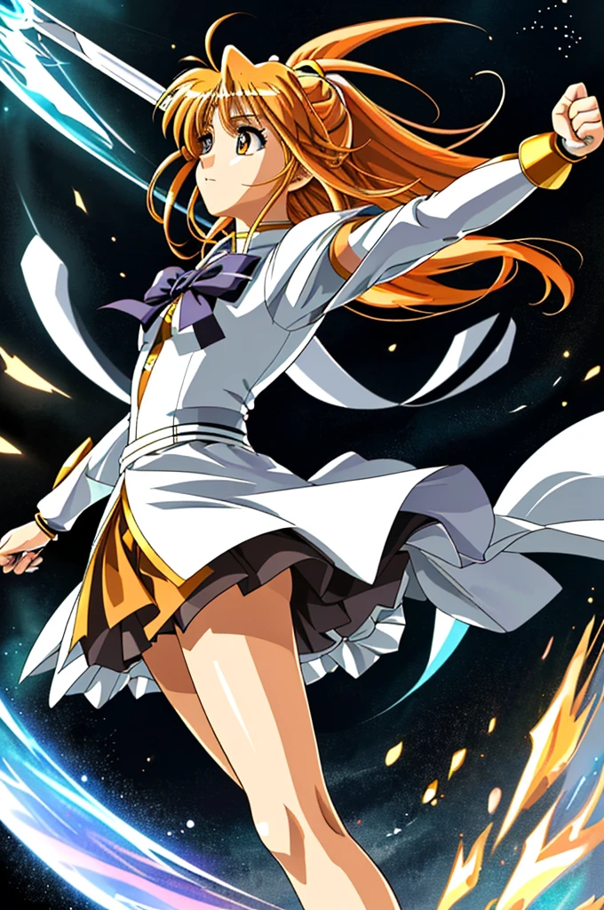 Highest quality，High resolution，((Nanoha)) ，One person，（bow），（Magical girl），（white_coat），gold_rod，woman，One personで，Young Girl，リリカルNanoha，（orange_Hair Color），strongest，Anime Style，(Limbs)，(Full Finger)，(Accurate fingertips), (The finer details), (Super detailed)，4K，(high resolution)，whole body, (Front angle), Looking at the camera,masterpiece，(Subtle details)，(Intricate details)，Octane Rendering，(Hyper Detail)，