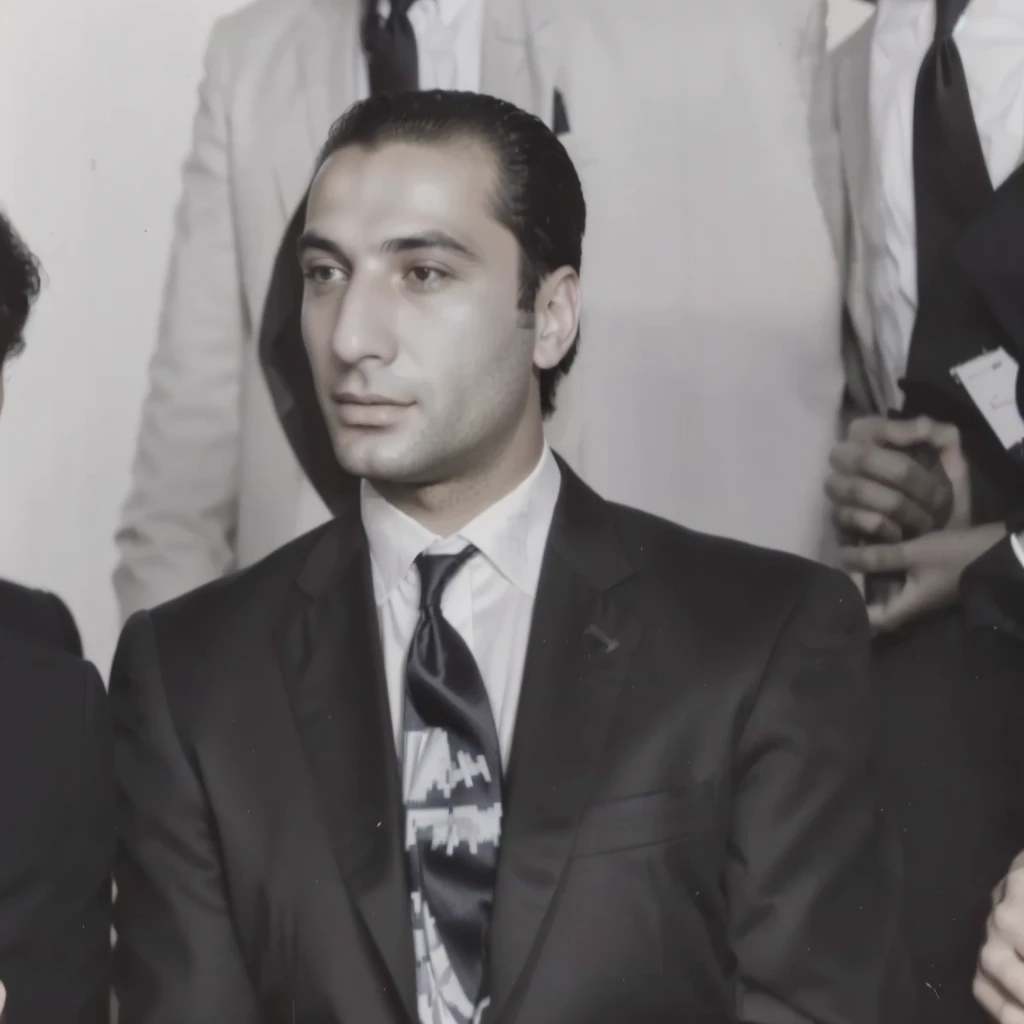 several people are standing around a man in a suit and tie, furio tedeschi, giuseppe dangelico pino, frank franzettta, ivan laliashvili, ahmad merheb, elias chatzoudis, george patsouras, george doutsiopoulos, taken in the early 1960s, giulio rosati