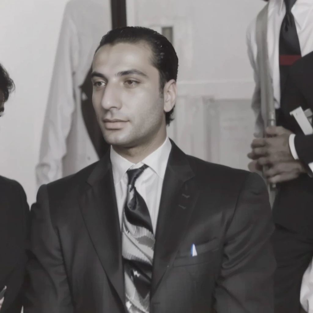 several people are standing around a man in a suit and tie, furio tedeschi, giuseppe dangelico pino, frank franzettta, ivan laliashvili, ahmad merheb, elias chatzoudis, george patsouras, george doutsiopoulos, taken in the early 1960s, giulio rosati