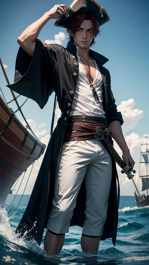 a dashing male anime character with a thin face, handsome, charismatic "shanks" in the "one pice" series wearing a white shirt, short trousers, with a straw hat. as well as three claw scars on the left eye, and holding a pirate katana, and black robes, red hair, gray shorts reaching down to his knees, with HD resolution, 8k anime with water light effect background, and a large pirate ship.
