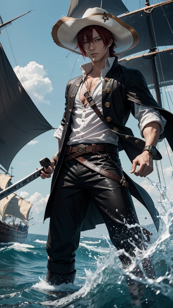 a dashing male anime character with a thin face, handsome, charismatic "shanks" in the "one pice" series wearing a white shirt, short trousers, with a straw hat. as well as three claw scars on the left eye, and holding a pirate katana, and black robes, red hair, gray shorts reaching down to his knees, with HD resolution, 8k anime with water light effect background, and a large pirate ship.