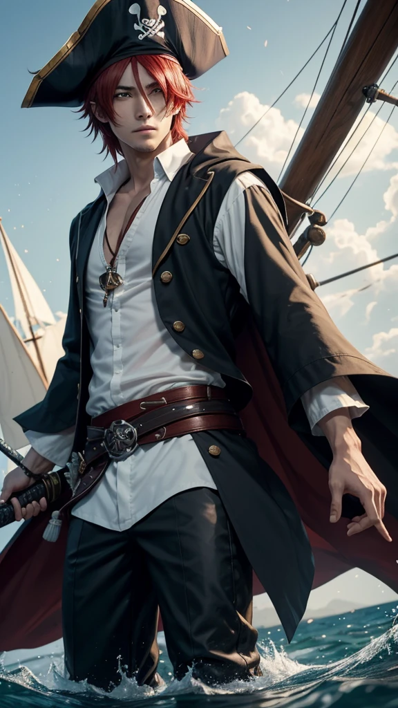 a dashing male anime character with a thin face, handsome, charismatic "shanks" in the "one pice" series wearing a white shirt, short trousers, with a straw hat. as well as three claw scars on the left eye, and holding a pirate katana, and black robes, red hair, gray shorts reaching down to his knees, with HD resolution, 8k anime with water light effect background, and a large pirate ship.