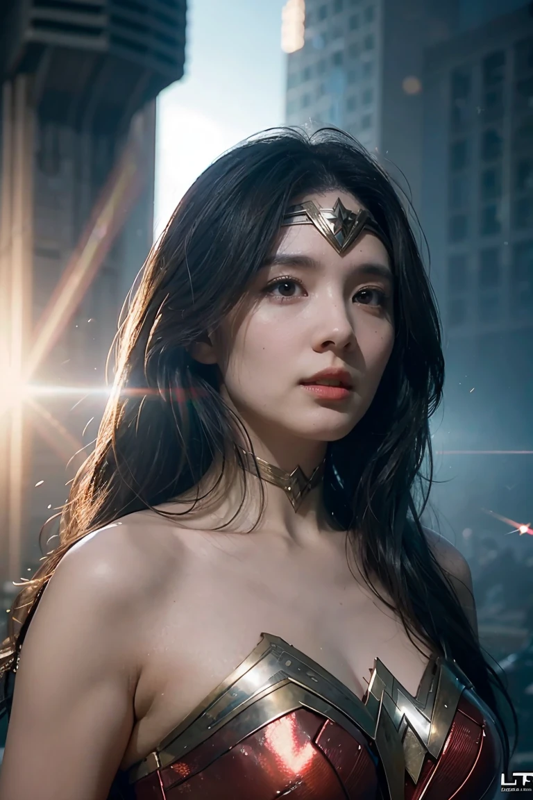 Scene from Movie, Wonder Woman from DC Close-Up, Distorted Space, Distorted Undead in the Background, Lens Flares, Light Shafts, Intricate Details, High Detailed, Volumetric Lighting, 4k Rendering, Stock Photo, Hyper-Realistic, Realistic Textures, Dramatic Lighting, Unreal Engine