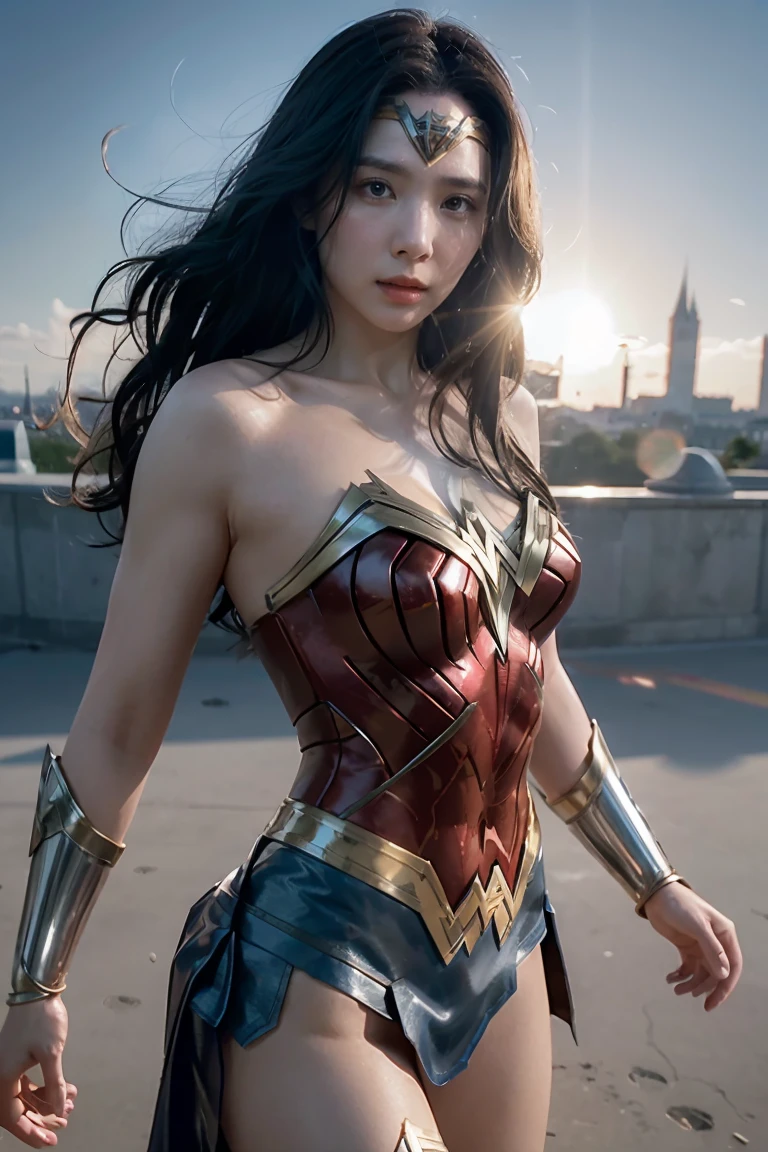 Scene from Movie, Wonder Woman from DC Close-Up, Distorted Space, Distorted Undead in the Background, Lens Flares, Light Shafts, Intricate Details, High Detailed, Volumetric Lighting, 4k Rendering, Stock Photo, Hyper-Realistic, Realistic Textures, Dramatic Lighting, Unreal Engine