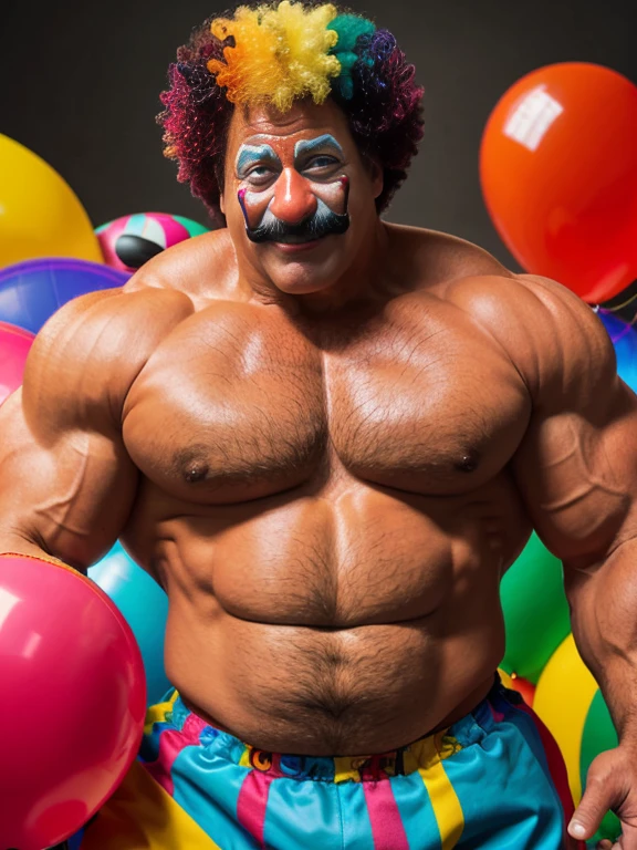 Hyperrealistic image of a smiling gray-haired bodybuilder clown superhero, very old and very sweaty, more than 80 years, very muscular and fat, more than 200 kilos with a naked torso, large and flaccid pectorals, brown nipples and big rainbow mustaches with huge tattooed arms surrounded by lots of balloons dressed in colorful rhombus clown pants and a huge rainbow afro wig on his head
