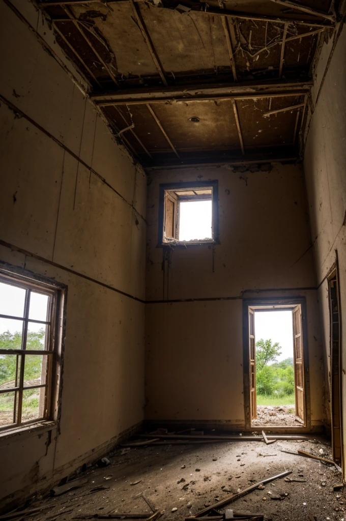 In an abandoned area is seen a large house that has not been inhabited for a long time. The roof of the house appears to have holes. There is also a small tree growing in the crack in the wall of the house.
