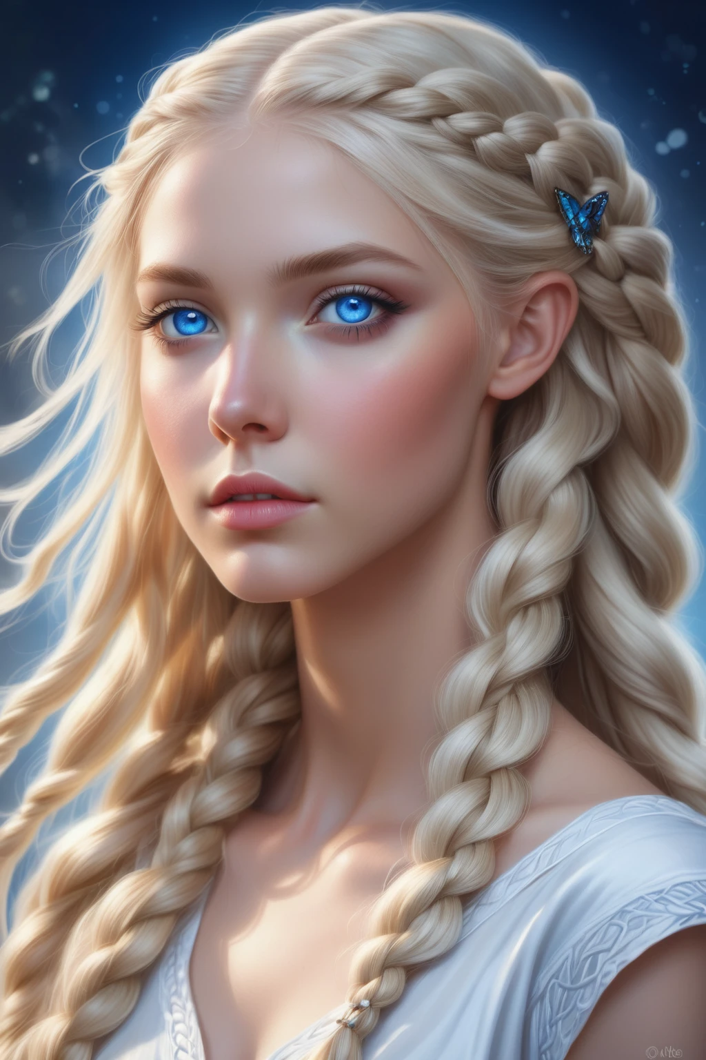 Blonde woman with blue eyes and braided hair wearing a white dress., detailed matte fantasy portrait, beautiful fantasy portrait, digital fantasy portrait, fantasy art portrait, beautiful fantasy art portrait, blonde braids and blue eyes, Portrait of very beautiful elf, beautiful digital painting, hyperrealistic fantasy art, awesome digital illustration, epic fantasy art portrait, hyperrealism. fantasy 4k, fantasy portrait