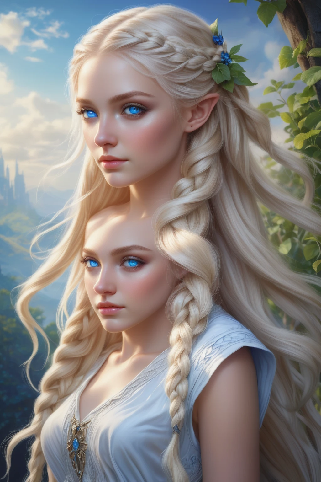 Blonde woman with blue eyes and braided hair wearing a white dress., detailed matte fantasy portrait, beautiful fantasy portrait, digital fantasy portrait, fantasy art portrait, beautiful fantasy art portrait, blonde braids and blue eyes, Portrait of very beautiful elf, beautiful digital painting, hyperrealistic fantasy art, awesome digital illustration, epic fantasy art portrait, hyperrealism. fantasy 4k, fantasy portrait