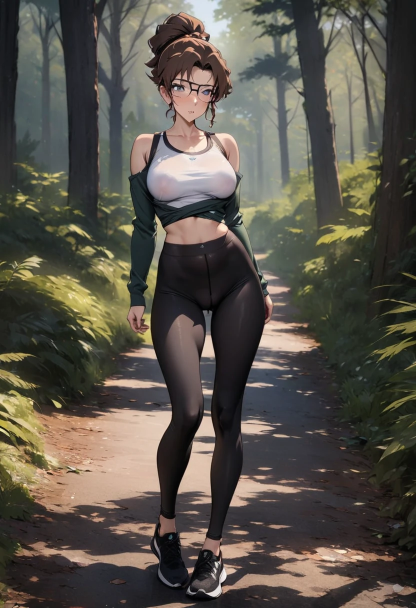 (Highest quality,High resolution,masterpiece:1.2),Outdoor,Hair tied up、Yoga pants,Beautiful woman,Modern,Natural scenery,Full Body Shot,Perfect figure,Forest Path,Brown Hair,Girl with glasses,A lustful look:1.1,nsfw:1.5、Long-sleeved tank top