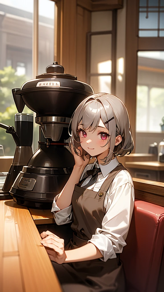 (Tabletop), Highest quality,  girl working at a coffee shop, She is making coffee in a machine, Coffee making, Perfect Face, Expressive eyes, Brown apron, Inside the coffee shop, Silver and bob short hairstyle, Tie your hair up with a hair clip, Pink Eyes, pretty girl, comfortable, Realistic, 4K, Complex, detailed, Flowers in a vase, comfortable lights, Perfect lighting, Trace Light, Warm colors, Tables and chairs, Daily life, Modern, elegant, (Relaxed atmosphere), peaceful, Aromatic,Happy,happiness, (Gray Hair), White shirt, Barista, soft, Brown hair band, Humble,delicate, kind, Contrast, Vibrant colors, Bokeh, (The perfect coffee machine), roo, (soft), Shine, Shineing eyes

Break she's making coffee, There is a table with a cup on the left hand, There is a coffee machine on the table, Steam coming out of the cup, Delicious coffee