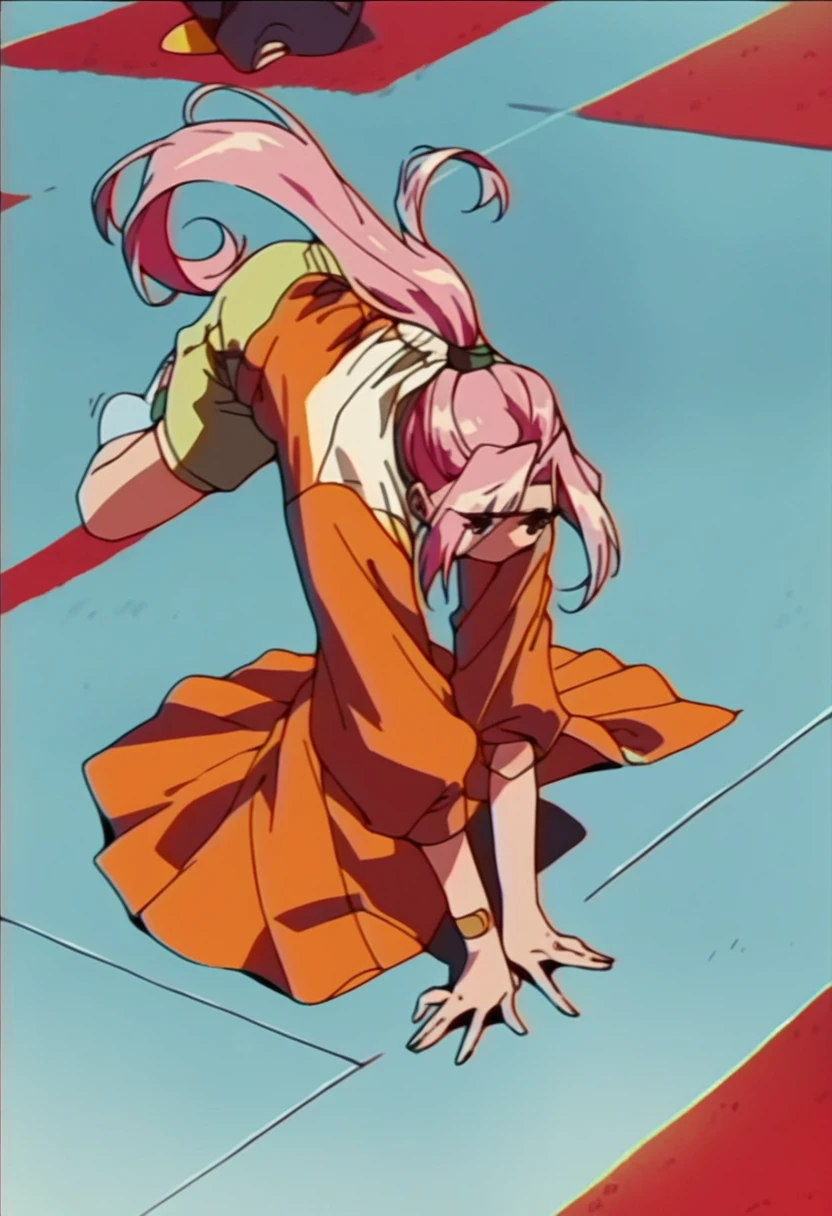 1990s \(style\), One Girl, Pink Hair, Long Hair, View your audience, ponytail, retro artstyle, Orange eyeaid clothes,Show the whole body,