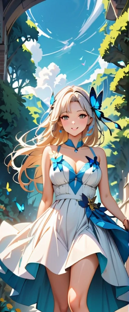 (highest quality:1.2, Very detailed, Latest, Vibrant, digital coloring, High Contrast, masterpiece:1.2, highest quality, Best aesthetics, spirit of the wind), 1 female, Silver Hair, Side Ponytail、(((Blue butterfly hair ornament, Blue Butterfly Dress:1.2))), (Lots of butterflies and flowers fluttering:1.2, fantasy landscape:1.4), Bright lighting, Beautiful world, New World, Blown by the gentle wind, (hot gaze, Hot, Rui々Beautiful lips, Glossy, Open Mouth, Leaking sigh), Accurate, Textured skin, Cowboy Shot, seductive smile, The beauty and danger of growing from a girl to an adult, A symbol of miraculous beauty.