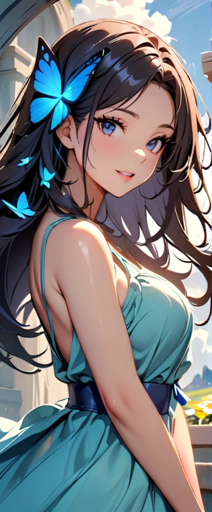 (highest quality:1.2, Very detailed, Latest, Vibrant, digital coloring, High Contrast, masterpiece:1.2, highest quality, Best aesthetics, spirit of the wind), 1 female, Silver Hair, Side Ponytail、(((Blue butterfly hair ornament, Blue Butterfly Dress:1.2))), (Lots of butterflies and flowers fluttering:1.2, fantasy landscape:1.4), Bright lighting, Beautiful world, New World, Blown by the gentle wind, (hot gaze, Hot, Rui々Beautiful lips, Glossy, Open Mouth, Leaking sigh), Accurate, Textured skin, Cowboy Shot, seductive smile, The beauty and danger of growing from a girl to an adult, A symbol of miraculous beauty.