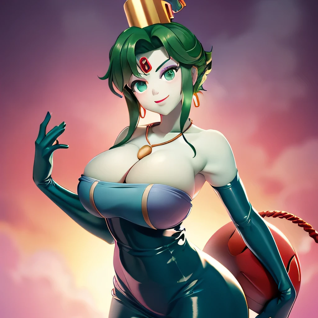 (masterpiece,best quality,ultra-delicate,Perfect Face,16k,high resolution,very beautiful woman), Atsugessho:1.3,deep green hair,blue latex bodycon dress, long latex gloves, green tights, (large ,seductive pose:1.3), gold headpiece, pale blue skin, red gem on forehead, pink mist, ((cosmetics counter)), holding large red ball on rope, necklace, smirk, (extremely glossy),cowboy shot