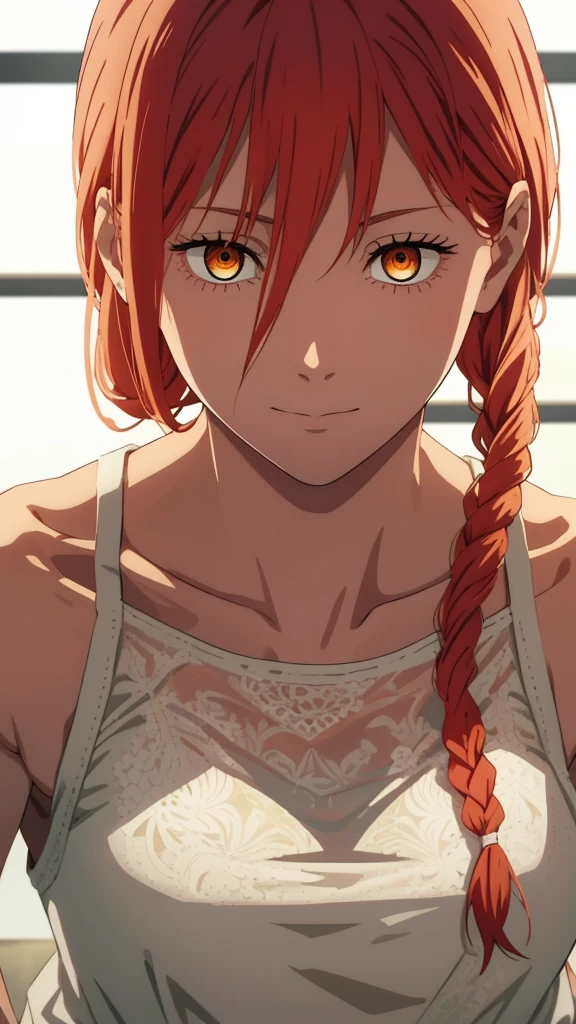 hand \(Chainsaw Man\),, One Girl, only, sit, Redhead, Long braided hair, Golden Eyes,White lace panties, Big Breasts, White sleeveless, Perfect collarbone,（White panties）, (just:1.2), Observe the audience, (close up face:1.3), , Upper Body, Highest quality, Glowing Skin, Highest quality, High resolution, , bed