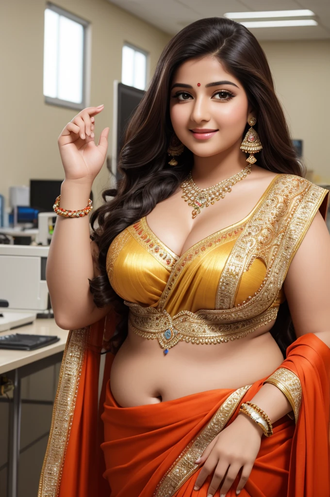1 Heavenly beautiful and goddess beauty cute and sweet looking face Arabian woman in Bio tech Lab, Heavenly beautiful Overweight, Heavenly beautiful Extremely fat, Heavenly beautiful and attractive Chubby figure , Heavenly beautiful looking and eye catching luxury style Indian traditional saree and bra, reaching out, Heavenly beautiful Arabian woman, 16k, High resolution, masterpiece, highest quality, fine skin, outside view, Realistic Photograph, close up figure view, Heavenly beautiful smile face