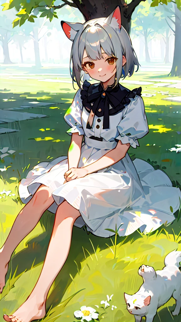 ((masterpiece,Highest quality)),One girl, alone, animal ears, barefoot, Raise your knees, dress, Sitting, 猫 ears, Short sleeve, View your viewers, Grass, short hair, smile, Gray Hair, Puffy sleeves, Outdoor, puffy Short sleeve, bangs, On the ground, whole body, animal, white dress, Day光, Brown eyes, dappled Day光, Day, Depth of written boundary