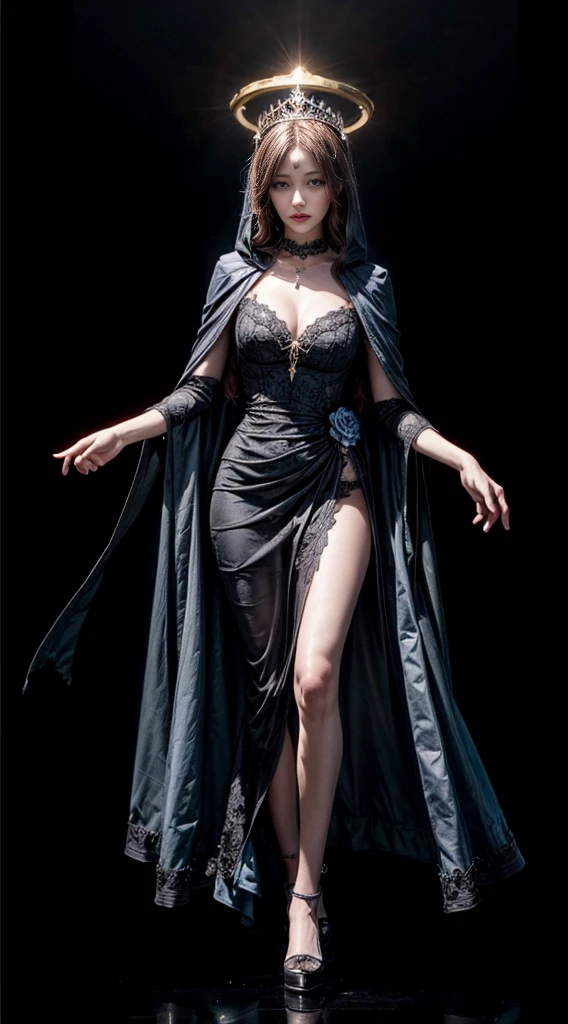 eroticism ((Full body portrait)), (masterpiece, Highest quality, Realist: 1.37), (Complex and delicate, Highly detailed skin and face), (Black background), (Katrina Makeup), ((Coloring)), 1 girl, 大きく開いた黒いスイートdressを着た美しいエロティックな女王,She is wearing sheer, erotic lace underwear underneath.,dress, Wrapped in a luxurious black hooded cloak, Dunkle Rosen und Totenkopf zieren ihr Gewand, (He has a big golden halo above his head), (tiara, Rosen, Ornamental skull, Because of this, dark), blue eyes, large roses symmetrically arranged on both sides,, (religious symbolism), (Inspired by Santa Maria, Queen of Skulls, Dee Catrina, And the Queen of the Dead, Ravi Soup), ((Virgin Mary, Skeleton Saint Queen, Dee Catrina)), ( Photorealism), dark背景, Soft light in a cinema, High Contrast, darkテーマ, Tape GC 8k, Trending on Artstation, Octane Rendering, Unreal Engine, Volumetrics dtx, Award-winning digital art, Shadow, Official Art.Various erotic perspectives, There she shows her charm
