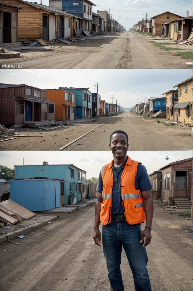 ChatGPT
"Write a descriptive caption for an image featuring a man in an orange safety vest standing in front of a 'before' scene of a shantytown and an 'after' scene of a modern neighborhood with new houses. The man is smiling, and the contrast between the two scenes highlights a significant transformation."