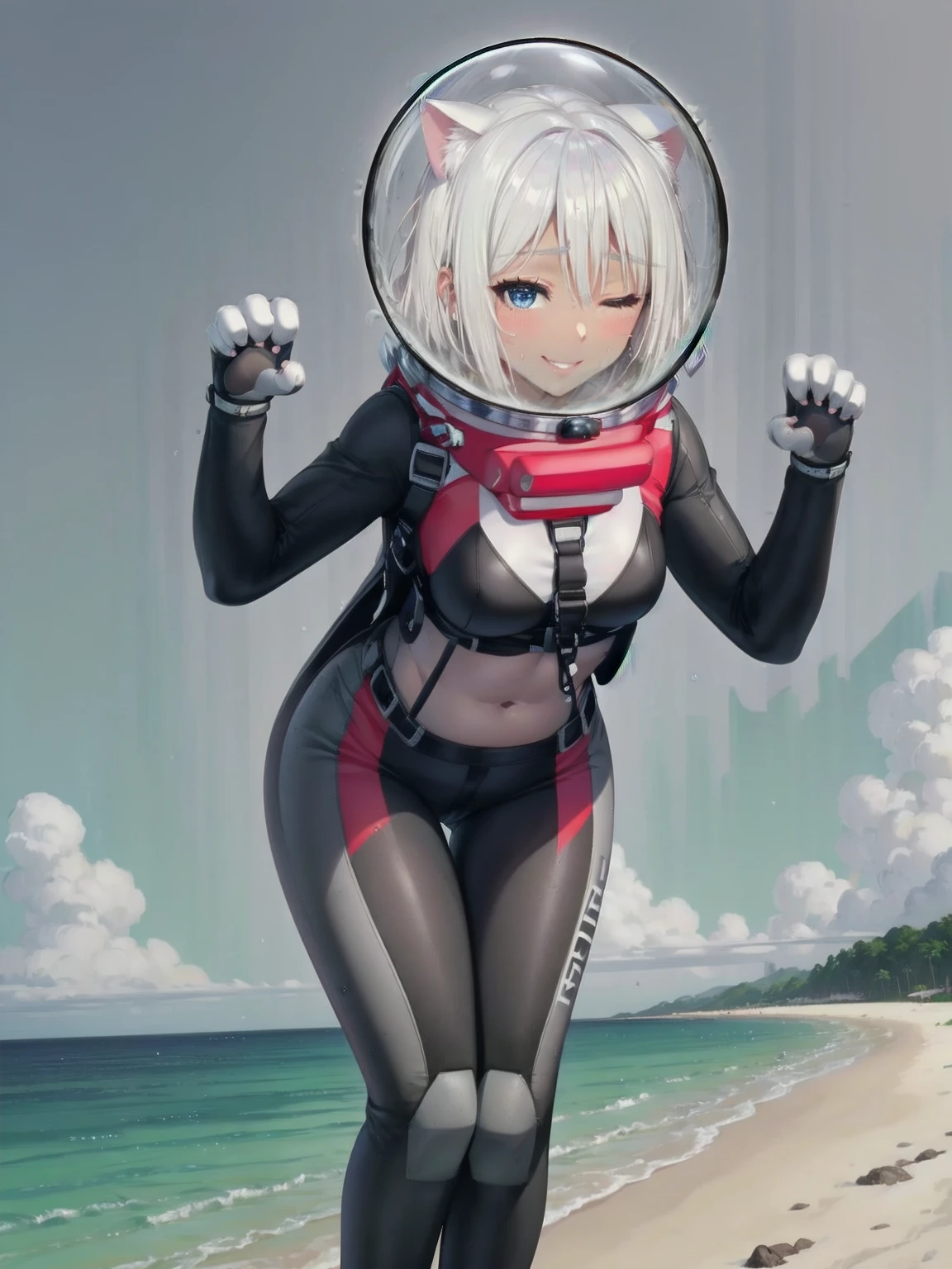 Highly detailed CG, 8k_wallpaper, top quality, masterpiece, higher eyes and nose, very delicate and beautiful, beautiful, detailed, very detailed, intricate, photorealistic, very detailed, (blue eyes: 1), (beautiful hands) , (beautiful fingers ), , (flat chest1.5), necklace (water:1.3), beach, (abs:1.3), (messy hair:1.5), (leaning forward:1), staring audience, (smile:1.3), (one eye closed:1.2), (sweating), (beautiful toes), (6 years old:1.5), (1female), (ash white hair:1.5),(middle hair:1 ), (dark skin: 1.4), (thigh girth: 1.3), beautiful, narrow waist, white thigh highs, skin curve, narrow waist, thighs, wide hips, eyeliner, eyelashes, perfect face, detailed eyes, (dark skin : 1.5),,,swimsuit, space helmet, CAT EARS, bubble helmet, eva helmet, WHITE BODYSUIT, FROM BELOW, (PAW POSE:1.5)