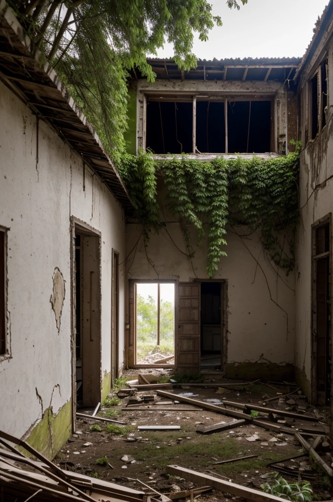 In an abandoned area is seen a large house that has not been inhabited for a long time. The roof of the house appears to have holes. There is also a small tree growing in the crack in the wall of the house.