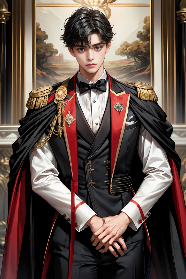 masterpiece, 最high quality, high quality, 1 boy, alone, Male focus, Watching the audience, Messy black hair, Adorable big blue eyes, White people, Noble, Noble,Sexy voluminous black and red cape、Tuxedo、A very voluminous, large, very large, very large, long, long red and black cape with a high stand-up collar, reaching down to the floor, made of a lot of fabric., 17 years old,Cute beautiful boys,Cute, cute, kind, handsome guy
