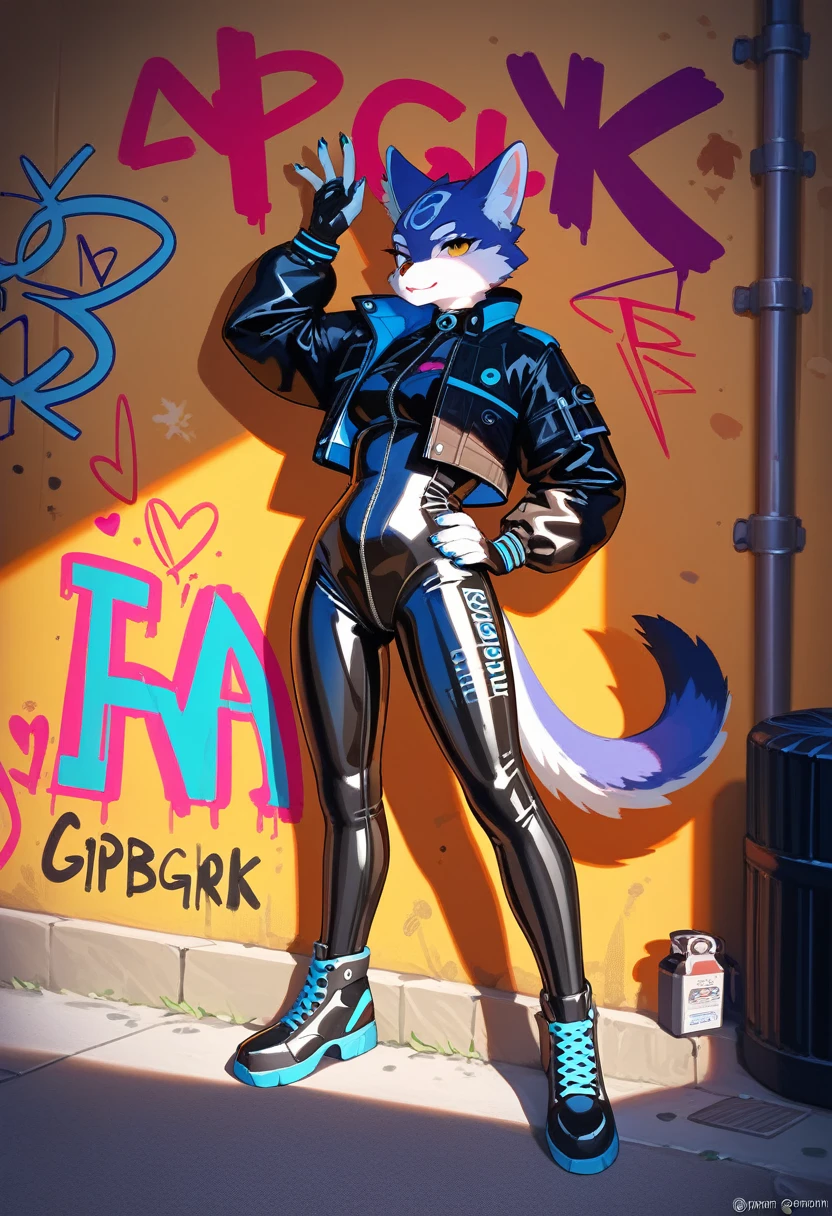 animation, Highest quality, Highest quality, High quality illustrations, masterpiece, Ultra-high resolution, Detailed Background, Alley, Graffiti art on the wall, Absurd, Perfect Anatomy, performance, Good lighting, Shadows in the movies(kemono, Furry Personifi猫ion), Rubber suit, latex, neon, neonライト, neonカラー, Bodysuits, Cyber Suit, Leather Half Jacket, cyber punk, Leaning against the wall