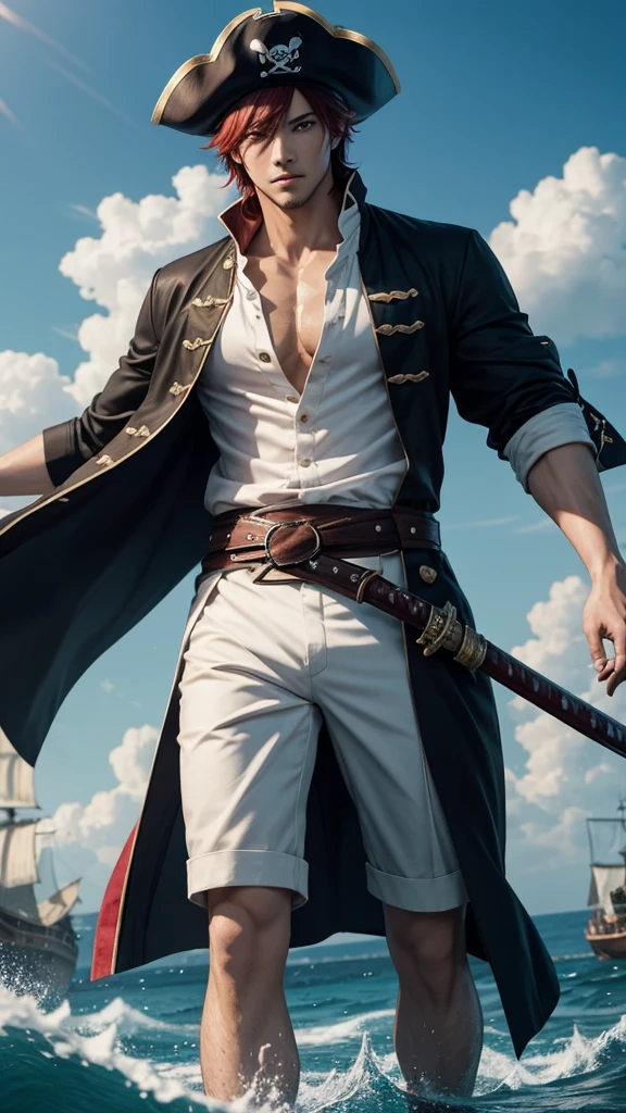 a dashing male anime character with a thin face, handsome, charismatic "shanks" in the "one pice" series wearing a white shirt, short trousers, with a straw hat. as well as three claw scars on the left eye, and holding a pirate katana, and black robes, red hair, gray shorts reaching down to his knees, with HD resolution, 8k anime with water light effect background, and a large pirate ship.
