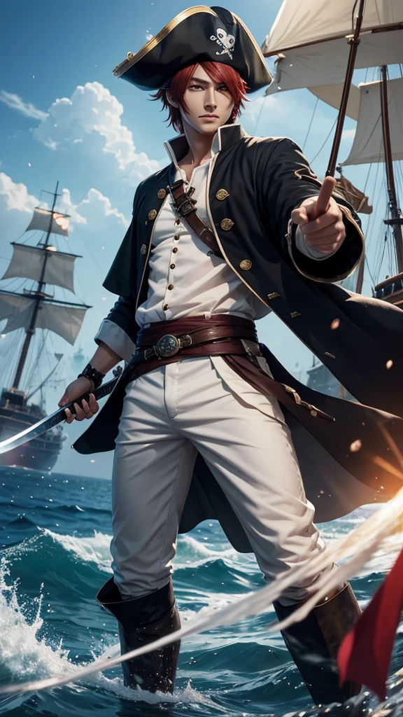 a dashing male anime character with a thin face, handsome, charismatic "shanks" in the "one pice" series wearing a white shirt, short trousers, with a straw hat. as well as three claw scars on the left eye, and holding a pirate katana, and black robes, red hair, gray shorts reaching down to his knees, with HD resolution, 8k anime with water light effect background, and a large pirate ship.