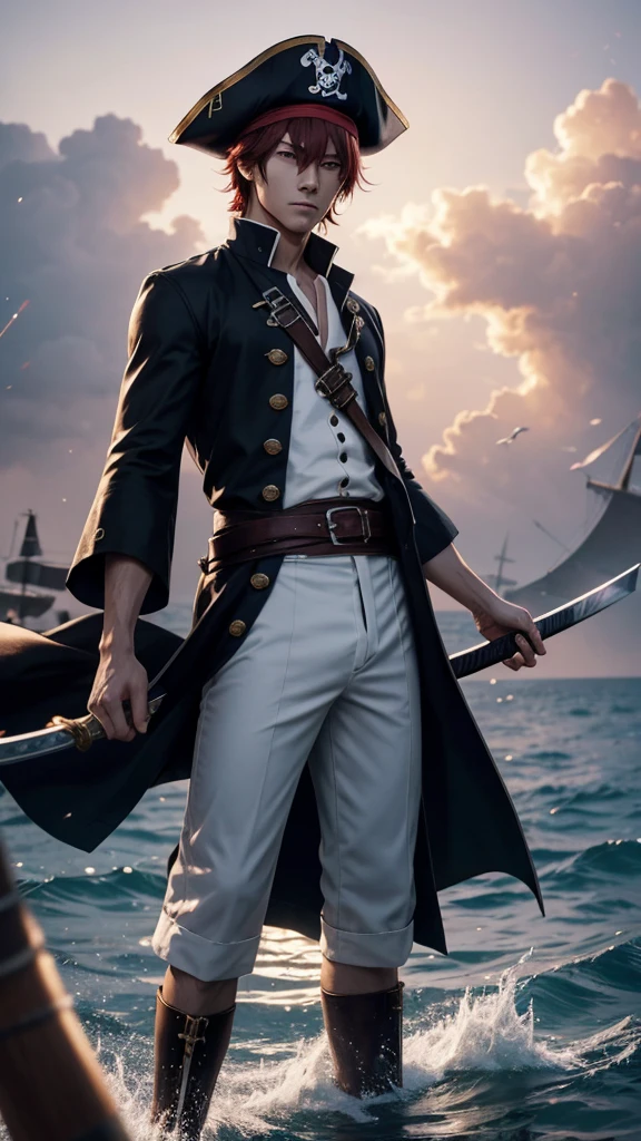 a dashing male anime character with a thin face, handsome, charismatic "shanks" in the "one pice" series wearing a white shirt, short trousers, with a straw hat. as well as three claw scars on the left eye, and holding a pirate katana, and black robes, red hair, gray shorts reaching down to his knees, with HD resolution, 8k anime with water light effect background, and a large pirate ship.