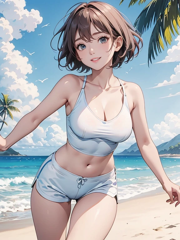 (Highest quality、masterpiece、High resolution、8K)、Vibrant colors、Young and beautiful woman 1、whole body、Brown and black short bob、barefoot、(Detailed face、Beautiful Eyes、Beautiful nose、Pretty lips)、Ample breasts、Beautiful cleavage、Tight white tank top and shorts、Running on the beach、A refreshing smile、looking at the camera、Digital Art、The background is the sea、blue sky、White waves and wide sandy beach、Palm tree、White Entrance Cloud、(Depth of written boundary:1.5)、Professional Lighting、