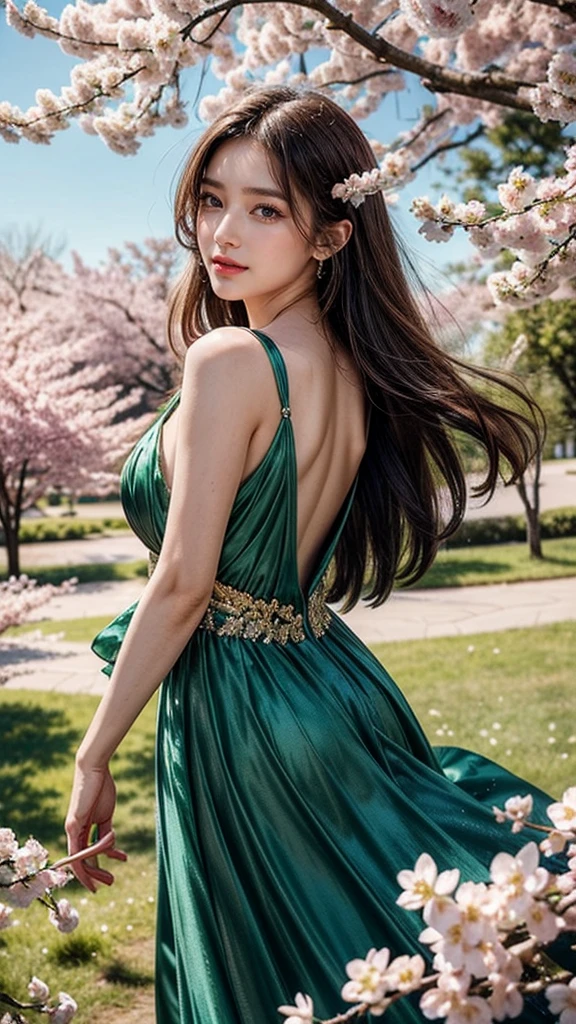 (shining emerald dress, long fluttering hair, radiant skin) is dancing gracefully in a field of blooming cherry blossoms. The scene is captured in an exquisite oil painting style with vibrant colors and meticulous brushstrokes. The sunlight gently filters through the delicate petals, casting a warm and dreamy atmosphere. The woman's eyes sparkle with joy and passion while her lips are adorned with a captivating smile. The intricate details of her dress shimmer with golden hues, reflecting light and creating a sense of enchantment. The composition is framed by the graceful branches of the cherry blossom trees, adding depth and a touch of nature to the artwork. The overall image quality is of the highest standard, with ultra-detailed features and photorealistic rendering. The rich palette of colors, including shades of pink, Pink, and green, evokes a sense of beauty and serenity. The lighting in the painting is soft and natural, emphasizing the woman's elegant movements and enhancing the overall visual appeal.