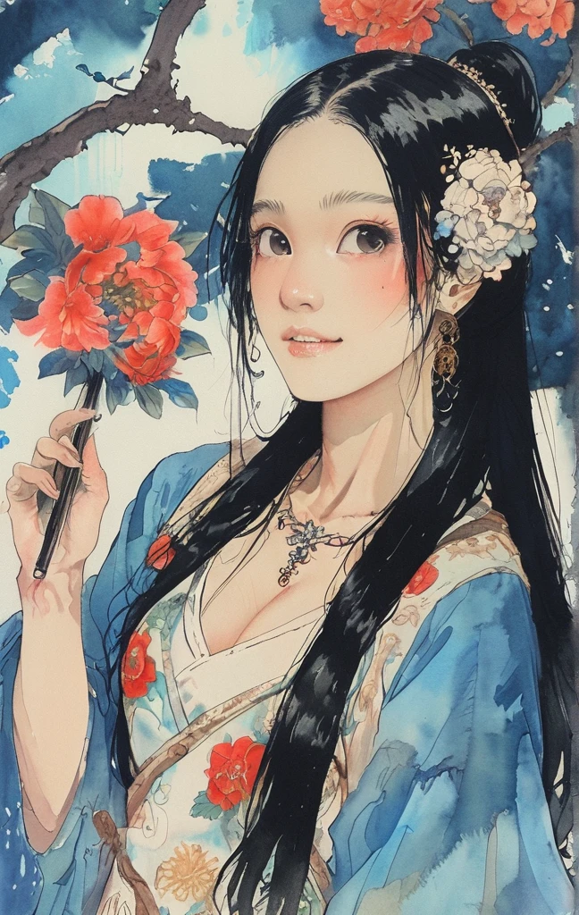 Goddess of Death with Scythe and Skull、8K,masterpiece,Highest quality, (From below:1.6) ,Dynamic pose,With a big sickle,Portraiture, Floral, watercolor sketch, Light, Long Hair, smile, watercolor \(Moderate\),watercolor,Plain Tank Top,Plain Light blue sweater,Long skirt