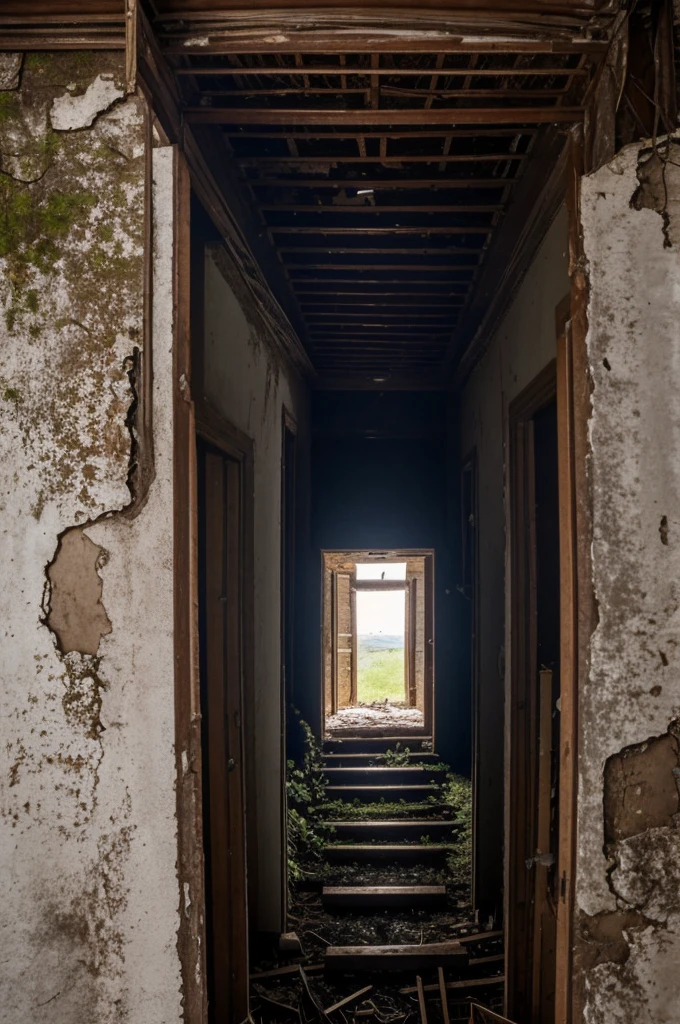 In an abandoned area is seen a large house that has not been inhabited for a long time. The roof of the house appears to have holes. There is also a small tree growing in the crack in the wall of the house.
