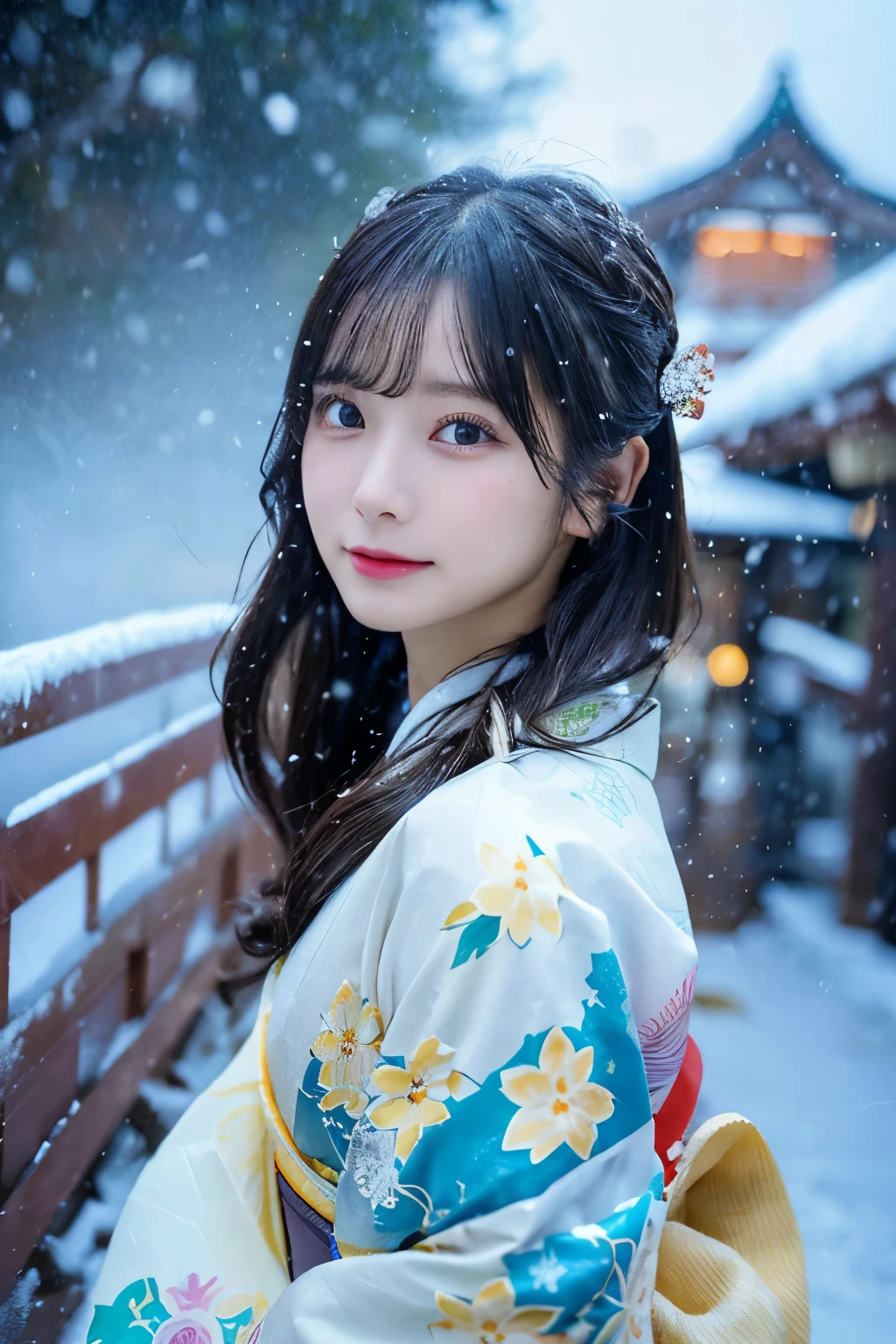 (Kimono)、、(top-quality,masterpiece:1.3,超A high resolution,),(ultra-detailliert,Caustics),(Photorealsitic:1.4,RAW shooting,)Ultra-realistic capture,A highly detailed,high-definition16Kfor human skin、 Skin texture is natural、、The skin looks healthy with an even tone、 Use natural light and color,One Woman,japanes,,kawaii,A dark-haired,Middle hair,(depth of fields、chromatic abberation、、Wide range of lighting、Natural Shading、)、、(Falling snow:1.2)、(Hair swaying in the wind:1.2)、(Snow reflects light:1.2)、(Back lighting:1)