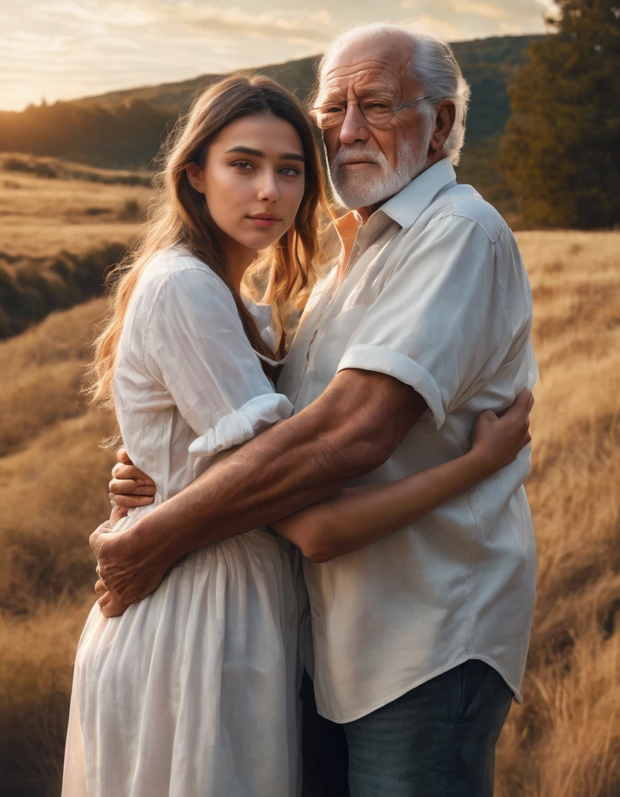 realistic photography art, Extremely realistic, UHD, Focus, ((Best quality, 8K, Raw, Photography realistic:1.6)), (Masterpiece, Extremely high quality), (hyper realistic epic skin:1.5), a grandfather embraces his 18 year old granddaughter with big breasts from behind, the granddaughter is wearing a white button-up shirt facing the camera, the grandfather's right hand is inserted into the woman's/granddaughter's unbuttoned shirt, (intricate:1.5) full body shot portrait, Hyper realistic color balanced, highly detailed, hyper realistic shadow, cinematic lighting, black lighting, Hyper realistic background, hyper realistic for all, ultra detail for all, Ultra clean photo, (perfect photography)