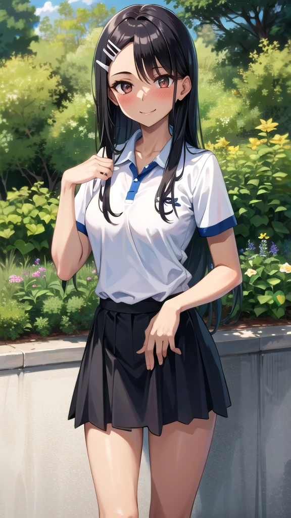 ((best quality)), ((masterpiece)), (details), one girl, sexy ((best quality)), ((masterpiece)), (details), one girl, sexy ((best quality)), ((masterpiece)), (details), one girl, full body, sexy expensive body, expensive, long legs, mature woman, mature, adult, it_nagatoro_main, Hayase Nagatoro, one girl, blushing, alone, uniform polo shirt, short sleeves, black hair,brown eyes, hair accessory, looking at viewer, hair clip, smiling, long hair, dark skinned woman, dark skin, , bangs, daytime, skirt, collared shirt, collarbone, ear clip, mouth closed, tree, asymmetrical bangs, upper body