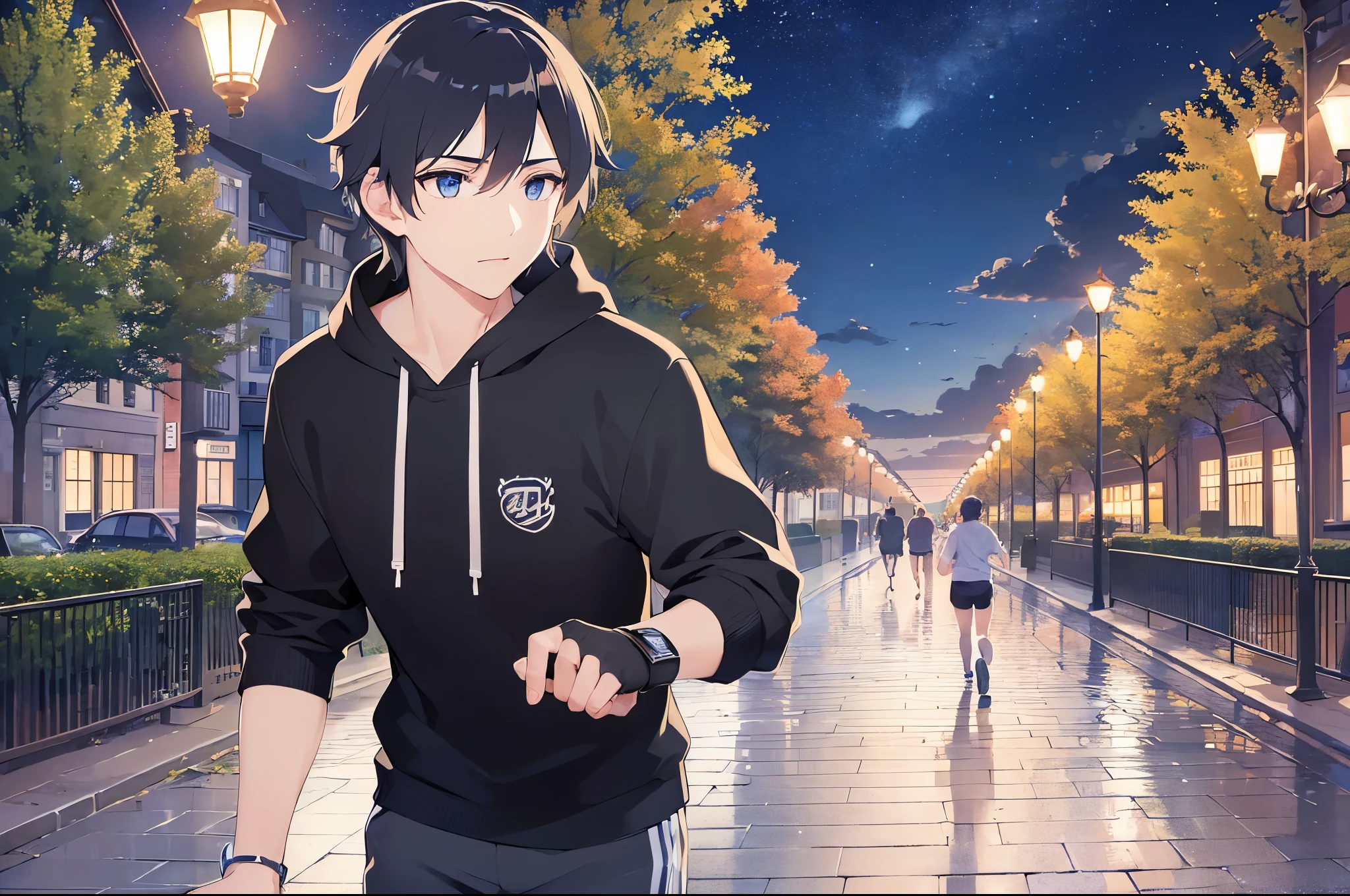 (running:1.5)(looking side:1.5)、close-up、Side shot shiny skin, masterpiece、Highest quality、(25-year-old male:1.5) and (Black short hair) and (blue eyes) black hoodie, Background is a park at night、Sweat、(Night Sky:1.5),(grass:1.5)、wood、Street lamp