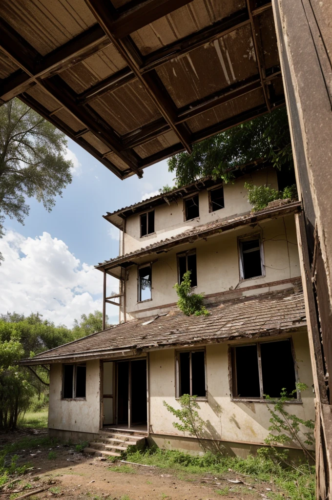 In an abandoned area is seen a large house that has not been inhabited for a long time. The roof of the house appears to have holes. There is also a small tree growing in the crack in the wall of the house.
