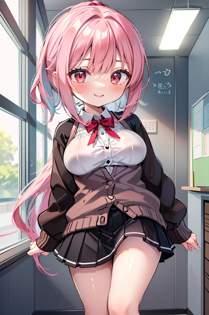 Fantasy,((Masterpiece)),((high resolution)),((Best Quality)),Anime illustration,(((2girl))),((wavy hair),(short hair),(pale pink hair color),small ponytail,Red eyes,(Big round eyes),((tareme)),12 years old,((loli face)),((very big breasts)),Short stature,Young,Petite,Middle school students,cardigan,mini skirt,smile,Ladylike),((wavy hair),(short hair),(pale blue hair color),small ponytail,Red eyes,(Big round eyes),((tareme)),12 years old,((loli face)),((very big breasts)),Short stature,Young,,,cardigan,mini skirt,smile,Ladylike),classroom,