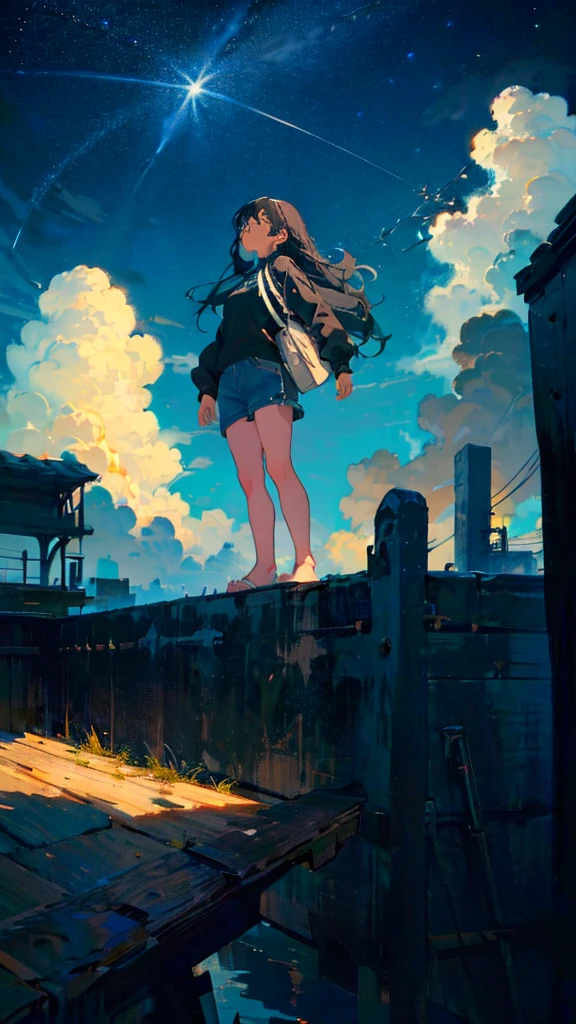 masterpiece, Exquisite detail,Highest quality, One girl, alone, handrail, cloud, Looking up at the buildings,Long Hair, NULL, Long sleeve, Power lines, White footwear, Black Hair, View your viewers, Electric pole, bangs, cloudy NULL, fish, bird, Green Eyes, Shorts, Day, Black Shirt, barefoot,Whale flying in the sky,Giant whale,night,Star,milky way,night,Pitch black,Buildings,Sitting, High quality anime art style，Standing painting，Splash ink background，Blue Themes,Clear Face,Distinct facial features,Well-defined facial features,cute,beautiful