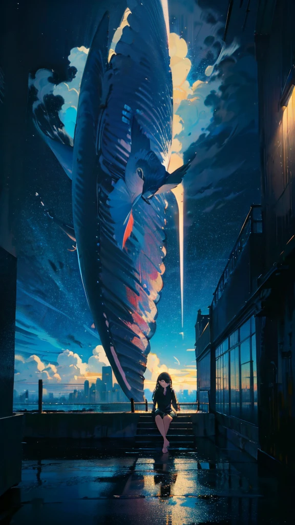 masterpiece, Exquisite detail,Highest quality, One girl, alone, handrail, cloud, Looking up at the buildings,Long Hair, NULL, Long sleeve, Power lines, White footwear, Black Hair, View your viewers, Electric pole, bangs, cloudy NULL, fish, bird, Green Eyes, Shorts, Day, Black Shirt, barefoot,Whale flying in the sky,Giant whale,night,Star,milky way,night,Pitch black,Buildings,Sitting, High quality anime art style,Standing painting,Splash ink background,Blue Themes,Clear Face,Distinct facial features,Well-defined facial features,cute,beautiful