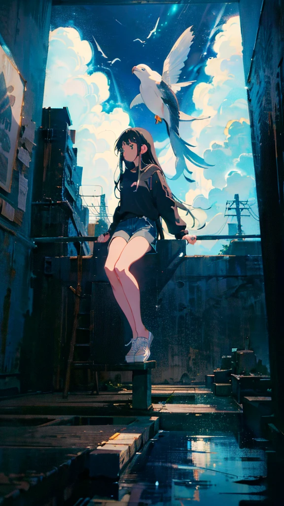 masterpiece, Exquisite detail,Highest quality, One girl, alone, handrail, cloud, Looking up at the buildings,Long Hair, NULL, Long sleeve, Power lines, White footwear, Black Hair, View your viewers, Electric pole, bangs, cloudy NULL, fish, bird, Green Eyes, Shorts, Day, Black Shirt, barefoot,Whale flying in the sky,Giant whale,night,Star,milky way,night,Pitch black,Buildings,Sitting, High quality anime art style，Standing painting，Splash ink background，Blue Themes,Clear Face,Distinct facial features,Well-defined facial features,cute,beautiful