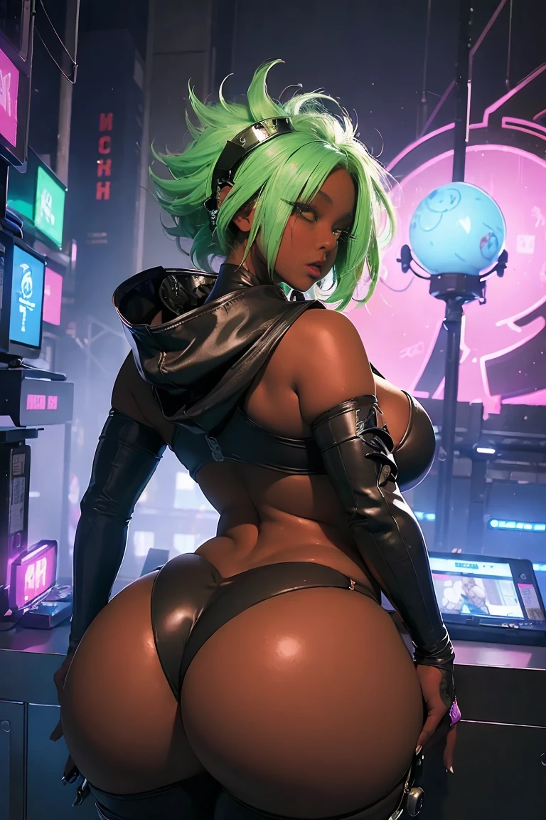 POV: ((((Huge gigantic ass)))) A beautiful dark skinned African -Japanese woman short neon green punk rock  long mohawk hairstyle, futuristic Harajuku-inspired hooded cyberpunk battle armor, tons of tattoos and piercings,( curvy body 1.3)))thick, small waist, 8k, UHD, (curvy accentuated and lifted booty), futuristic cyber City background  