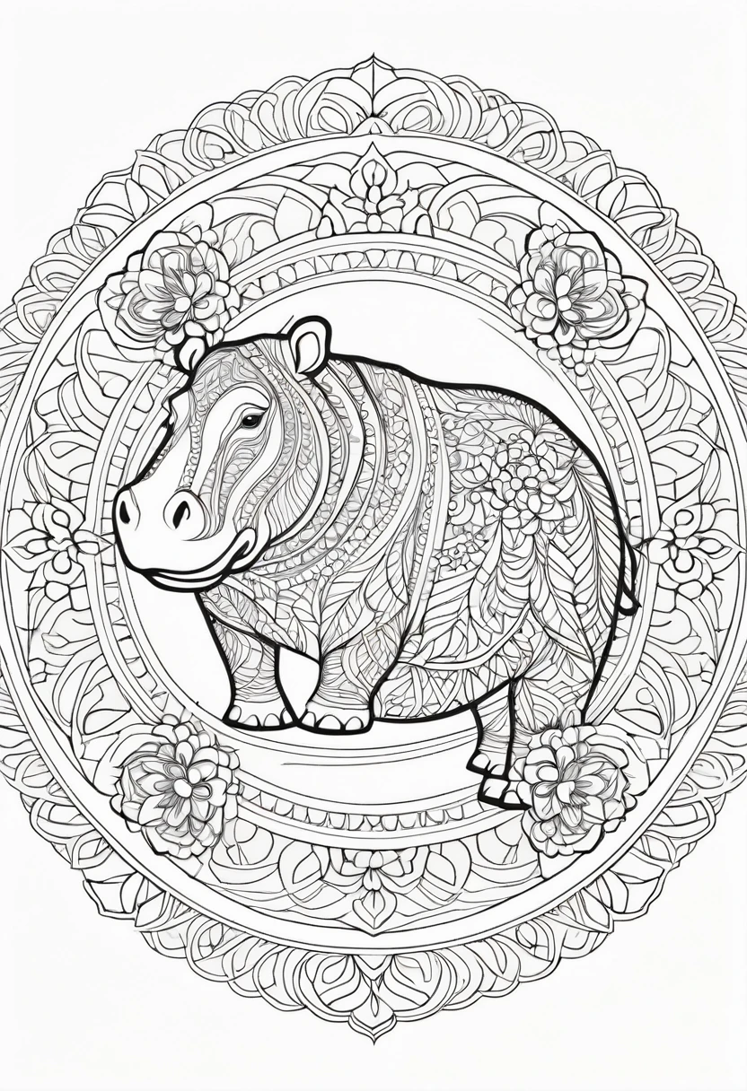 A striking black and white line art coloring page designed for adults with white background, featuring a majestic hippopotamus in a mandala-inspired style. The hippopotamus is adorned with intricate patterns that include floral and geometric designs, making it an engaging and detailed work of art. The illustration focuses on crisp, clean lines and bold outlines, without any shading or color, allowing the user to bring their own vibrancy to the piece. The minimalistic design, with its thick lines and absence of background details, creates a soothing coloring experience for adults seeking calming and creative activities. illustration